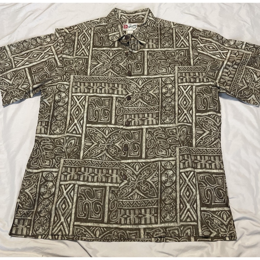 Hilo Hattie Mens Hawaiian Aloha Shirt L Brown  100%‎ Cotton Lawn Hawaii Made